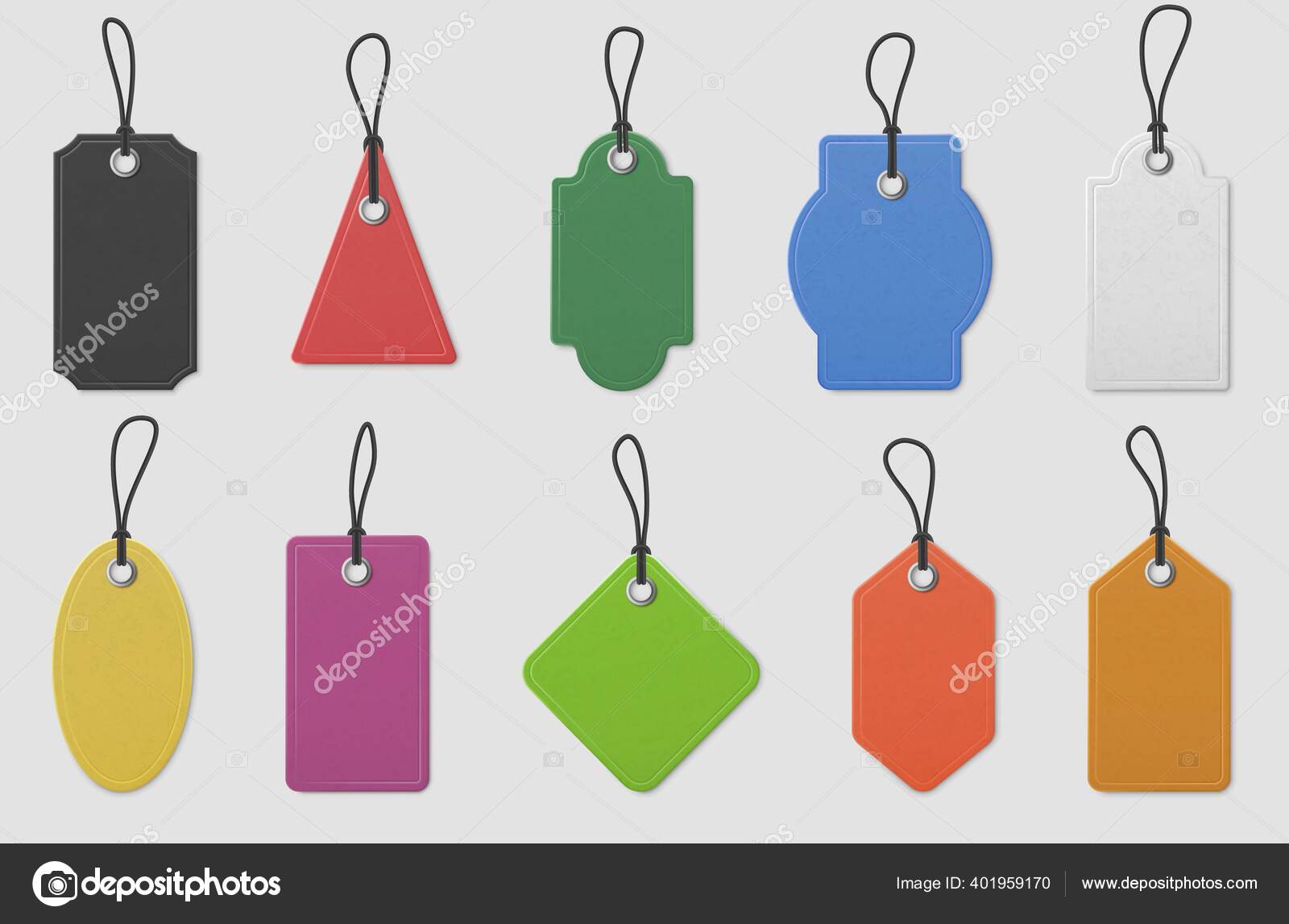 Color paper price tag labels. Realistic colored shopping hanging tags