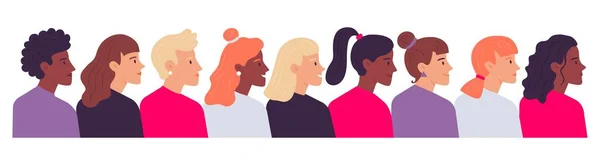 Retratos de mulheres de perfil. Diversas cabeças femininas vista lateral. Personagens de desenhos animados de várias nacionalidades, penteado — Vetor de Stock