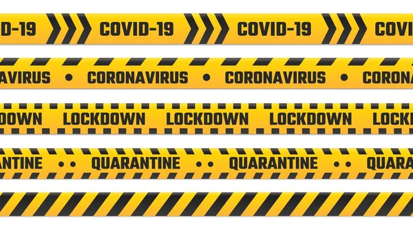 Rayas de cuarentena, cinta amarilla para el borde. Cordón de advertencia para el brote de covidio 19, enfermedad por coronavirus — Vector de stock