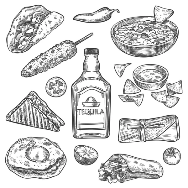 Makanan Meksiko. Sketch mexican national drink tequila and traditional food nachos, enchilada and burrito, tacos vintage isolated vector set - Stok Vektor