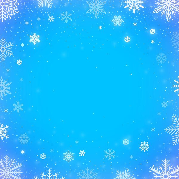 Winter falling snow blue background. Christmas or new year border decoration. Winter snowfall for decoration
