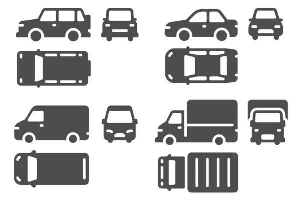 Vista frontal y lateral superior del coche. Proyección de vehículos, SUV, minibús y camiones iconos de automóviles para la web, diseño ui esquema vector de transporte conjunto — Vector de stock