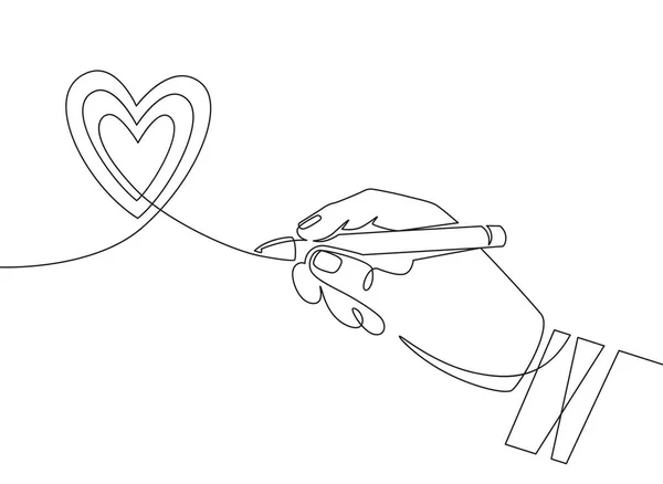 Hand pen en hart. Continu een lijn hand tekenen hart krabbel teken. Minimaal overzicht liefdessymbool, valentijn grafisch vector concept — Stockvector