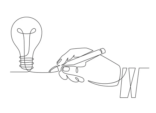 Idea de bombilla. Mano de boceto con pluma dibujando una bombilla de línea, invención o símbolo de pensamiento creativo. Nuevo proyecto, concepto de vector de tormenta de ideas — Vector de stock