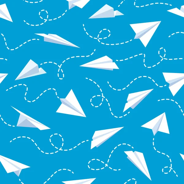 Paper plane seamless pattern. White flying airplanes in blue sky different direction with dotted line tracks wallpaper vector texture — Stock Vector