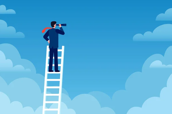 Business vision. Businessman stands on career ladder with telescope. Promotion, success new opportunities, visionary strategy vector concept — Stock Vector