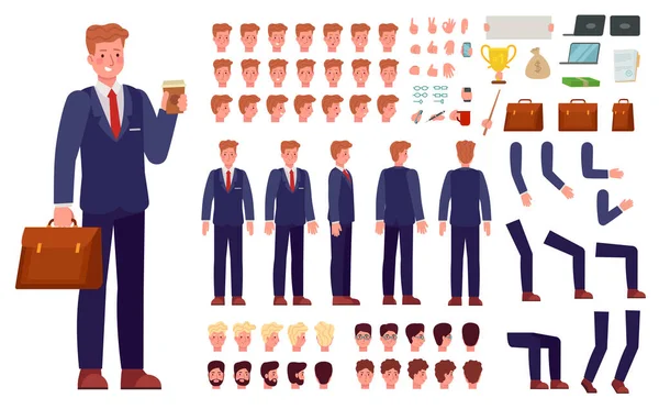 3rfsdf345wefCartoon Geschäftsmann Charakter-Kit. Männlicher Büroangestellter im Anzug mit Aktentasche und Körperteilen, Gesichtsausdruck für Animationsvektorset — Stockvektor
