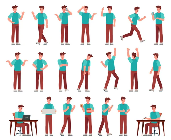 Hombre de dibujos animados en traje casual. Joven personaje masculino en diferentes poses. Estudiante con varios gestos, conjunto de vectores de expresión facial — Vector de stock