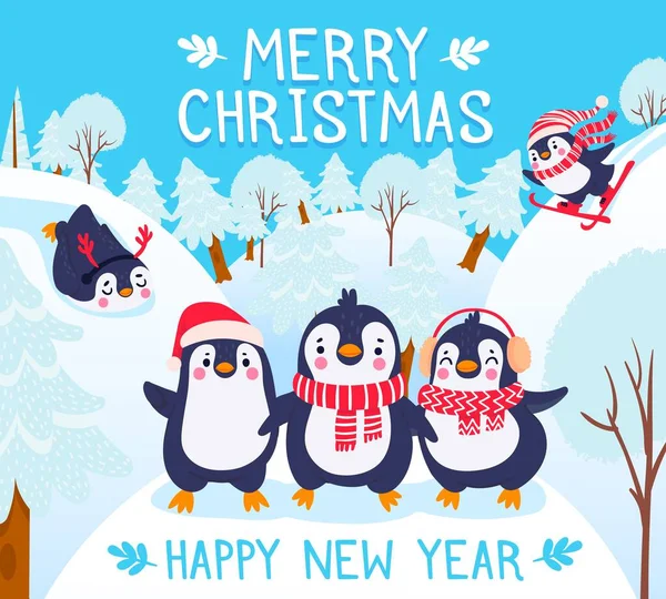 Christmas with penguins. Holidays greetings with cute happy penguins in winter forest, lettering merry christmas vector background