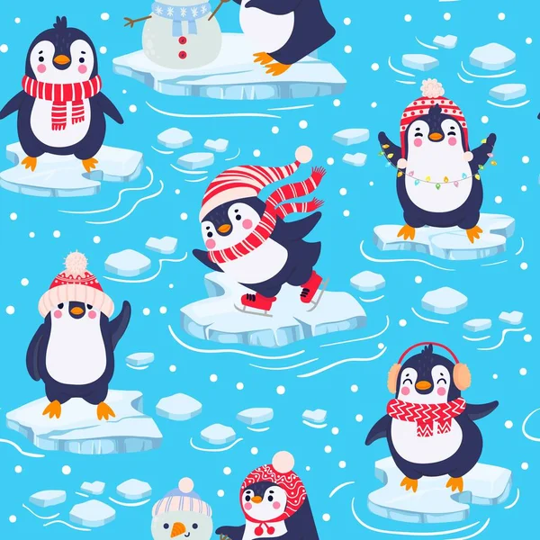 Padrão sem costura pinguins. Pinguins bonito bebê em roupas de inverno e chapéus, Natal animal ártico, crianças têxtil ou papel de parede vetor textura —  Vetores de Stock