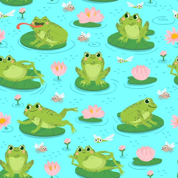 개구리의 가시없는 무늬. 귀여운 개구리와 수생식물의 반복되는 베이비 샤워 디자인, 카드인 쇄나 벽지 직물 만화 벡터 텍스처 — 스톡 벡터