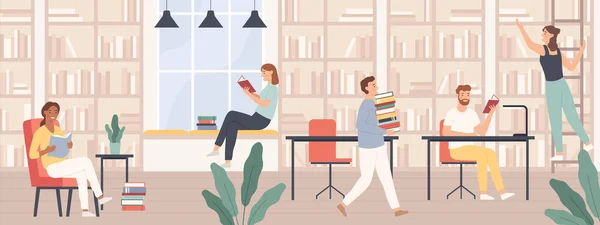 Lidé v knihovně. Muži a ženy číst knihy, studenti studovat s knihami a gadgets v interiéru veřejné knihovny vektorové koncepce — Stockový vektor