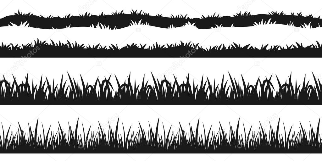 Seamless grass border silhouette. Tuft line set isolated on white background. Nature element for lawn, meadow