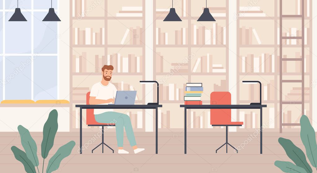 Man in library. Young man in public library interior with bookshelves, desks and laptop, bibliophile reads books flat vector concept