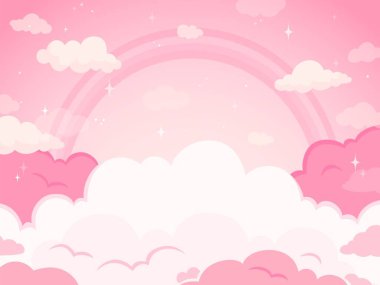 Pink fairytale sky background with stars and rainbow. White and pastel color clouds for imaginary world vector