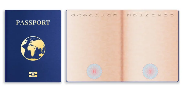 パスポート・モックアップ。ウォーターマークの外国パスポートと現実的な空白のオープンページの紙,世界中のドキュメントカバー, idの観光客,ベクトルテンプレート — ストックベクタ
