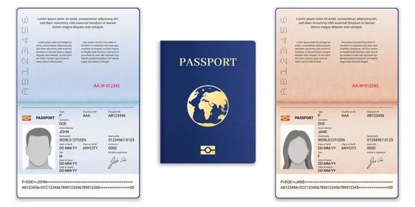 パスポートのテンプレート。旅行や移民のためのサンプル個人データページの男性と女性の文書と国際オープンパスポート,ベクトルセット — ストックベクタ
