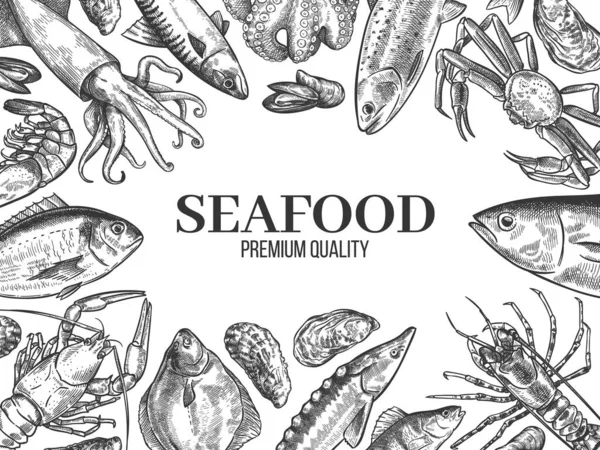 Sketch owoce morza. Ręcznie rysowane świeże ryby, homary, kraby, ostrygi, małże, kałamarnice i krewetki, vintage skecz restauracja menu wektor tło — Wektor stockowy