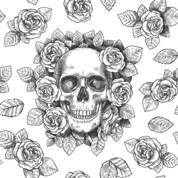 Koponya virágokkal. Sketch koponyák rózsákkal gótikus műalkotás, ismétlődő grafikus nyomtatás tapéta, textúra zökkenőmentes vektor minta — Stock Vector
