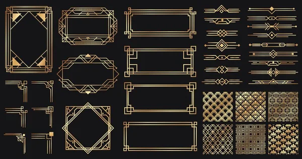 Art deco elements set. Creative golden borders and frames. Dividers and headers for luxury or premium design — Stock Vector