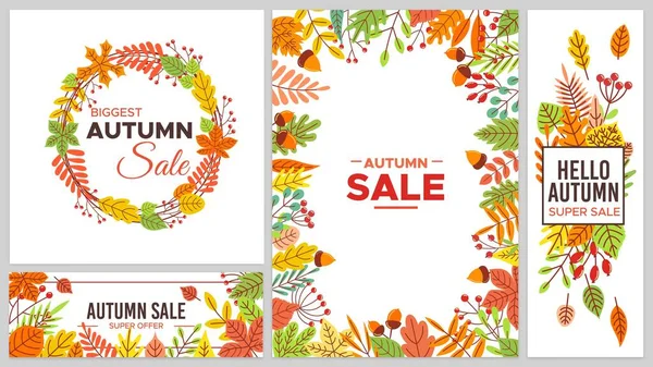 Autumn sale banners. Colorful fall leaves, seasonal discount. Tree foliage as maple and chestnut leaf, acorn — Stock Vector