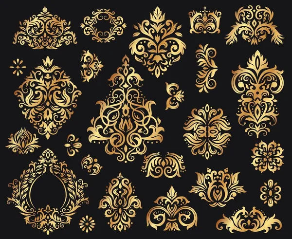 Goldener Damastschmuck. Vintage florale Zweige Muster, barocke Ornamente — Stockvektor
