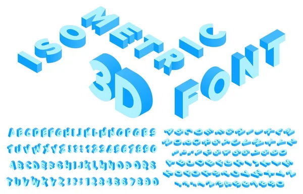 Isometrische 3D-Schrift. Perspektivische Buchstaben, Zahlen und Satzzeichen oder Symbole. Lateinisch abc — Stockvektor