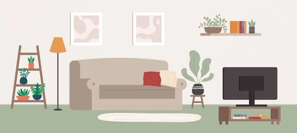 Interior da sala de estar com mobiliário diferente e TV. Itens interiores como sofá confortável com travesseiros, planta — Vetor de Stock
