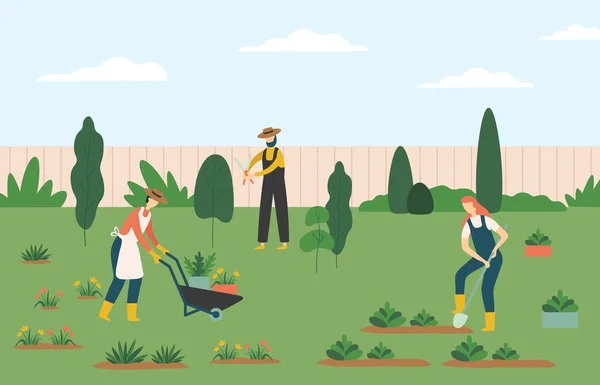Gente jardinería, mujeres y hombres agricultores trabajadores agrícolas que cultivan plantas y flores en el césped o patio trasero — Vector de stock