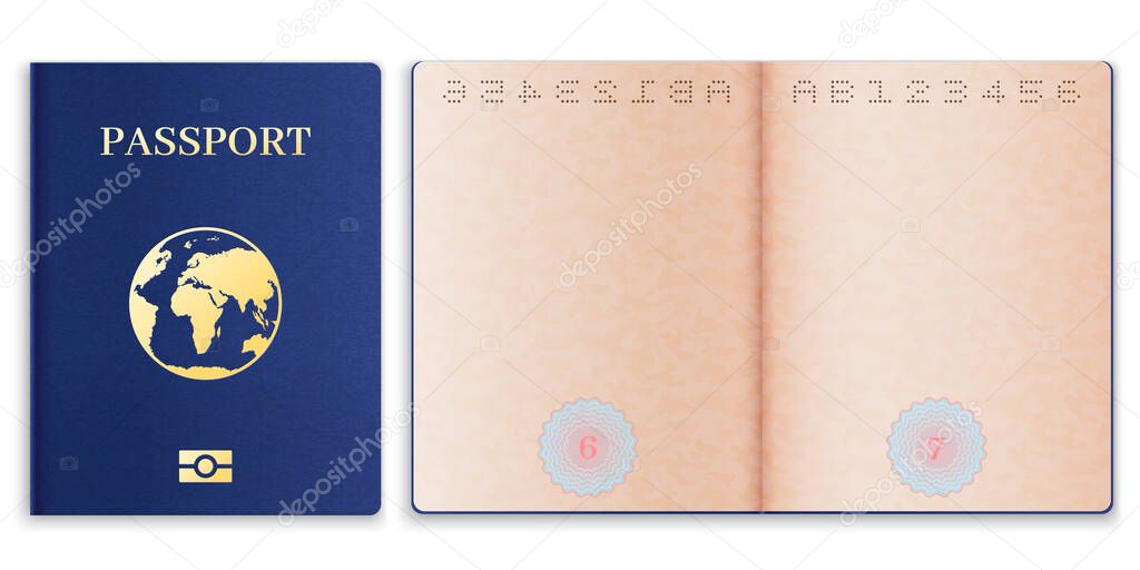 Passport mockup. Realistic blank open pages paper with watermark foreign passport, document cover with globe, id tourist, vector template