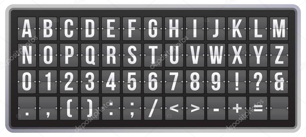 Realistic scoreboard flip font. Latin alphabet, numbers and symbols. Mechanical scoreboard for airport