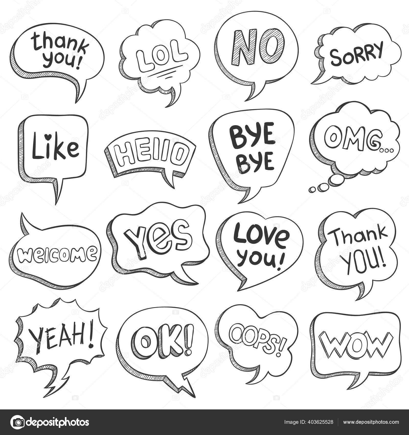 Burbujas de voz con palabras de diálogo. Bosquejo burbuja diferentes formas  con el mensaje, frases cortas gracias, adiós, ok, omg, wow, lol vector set  Vector de stock #403625528 de ©tartila.stock.gmail.com, image size:1600x1700