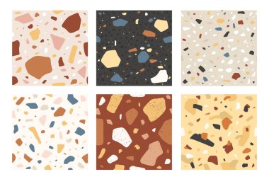 Terrazzo kusursuz desen. Veneziano italyan taş mozaik kompozit dokusu, dekoratif fayans. Granit döşeme dokusu, vektör kümesi