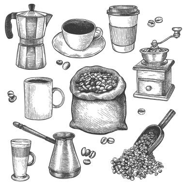 Eskiz kahvesi. Kahve değirmeni, çaydanlık, kavrulmuş fasulye çuvalı, çakmak. Latte ve espresso bardağı el oymalı vintage vektör seti