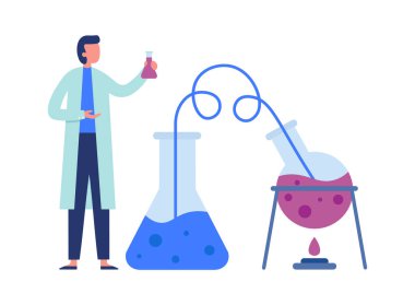 Bilimsel laboratuar ekipmanlarıyla deney yapan kimya bilimcisi. Araştırma için sıvıyla ısıtma şişesi.