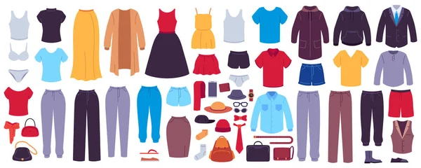 Roupas planas. Vestuário feminino e masculino, acessórios, calçados e bolsas, guarda-roupa sazonal de moda, showroom de roupas casuais modernas, conjunto vetorial — Vetor de Stock