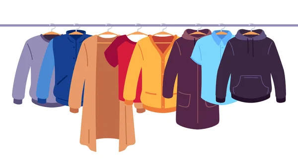Kleding aan hangers. Opslag van mannen- en vrouwenkleding op hangers, kleding opknoping op rek, kledingkast in de ruimte platte vector concept — Stockvector