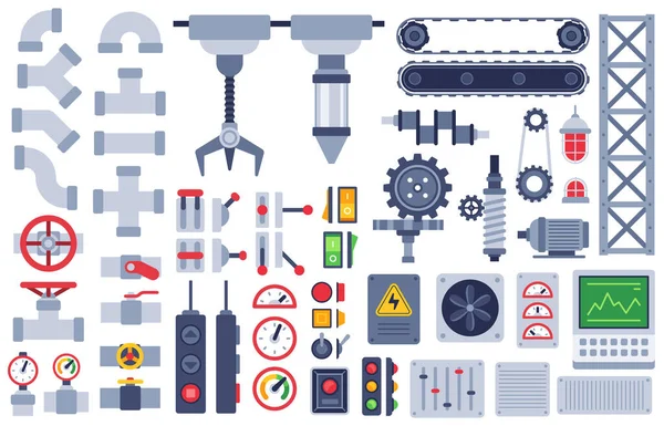 Peças de máquinas. Mecanismos técnicos automáticos, equipamento de engrenagem, motor. Pinhão e motor, eixo, juntas indústria máquinas plana vetor conjunto —  Vetores de Stock