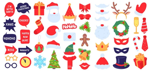 크리스마스 사진 소품들. 새해 파티, 마스트 레이드 드 산타 모자와 턱수염이 있는 사진 부스. Elf hat, gift, xmas stocking vector set — 스톡 벡터