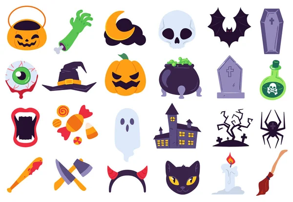 Halloween-ikoner. Semester symboler, måne och spindel, pumpa, spöke och fladdermus. Godis, skalle och gravsten, ljus, kvast platt vektor se — Stock vektor