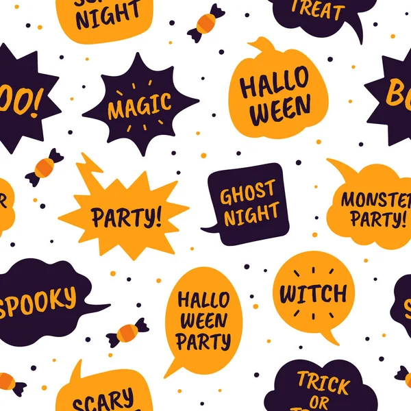Bolhas de discurso de Halloween. Bolhas de quadrinhos preto e laranja cor com texto feliz halloween, magia e festa, bruxa padrão vetor sem costura — Vetor de Stock