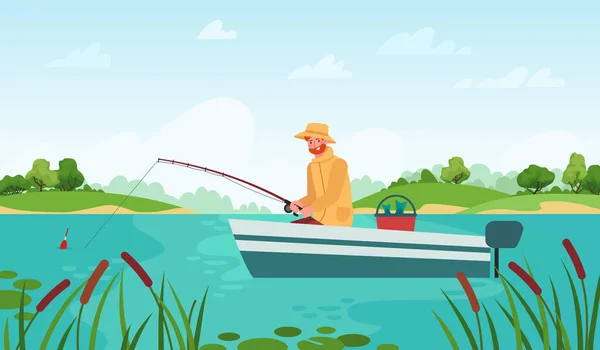 Pescador pescando. Hombre en barco con caña de pescar esperando peces mordisquear, pasatiempo relajación al aire libre verano paisaje dibujo animado vector concepto — Vector de stock