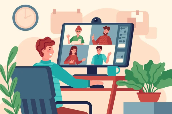 Videoconferenza. Gli uomini al monitor tengono riunioni virtuali collettive, chat online sul lavoro remoto, concetto di teleconferenza sullo schermo vettoriale — Vettoriale Stock