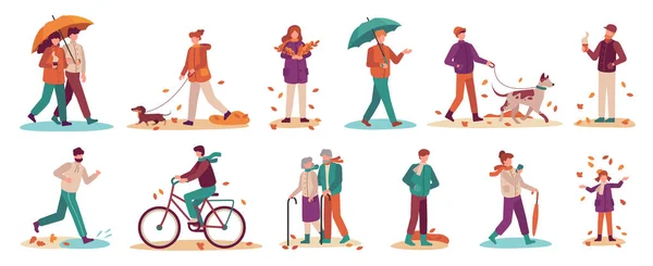 Folk på hösten. Par med paraply i regn, ung och gammal man, kvinna gå höstpark. Höst säsong aktiv livsstil vektor uppsättning — Stock vektor