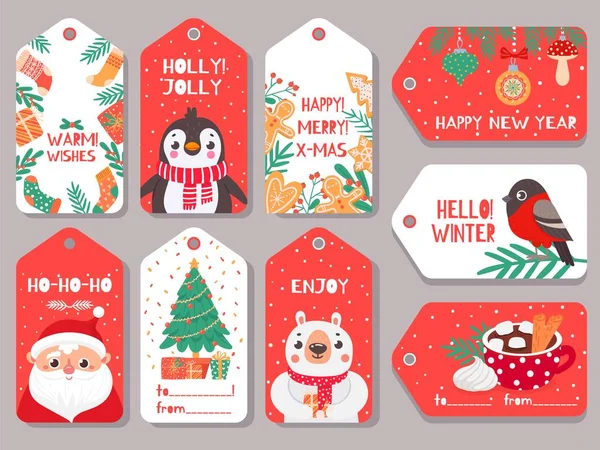 圣诞标签。寒假圣诞礼物标签，上面印有可爱的人物"圣诞老人" 、 "熊" 、 "牛翅" 、 "企鹅" 、 "喜庆字母"等字样 — 图库矢量图片