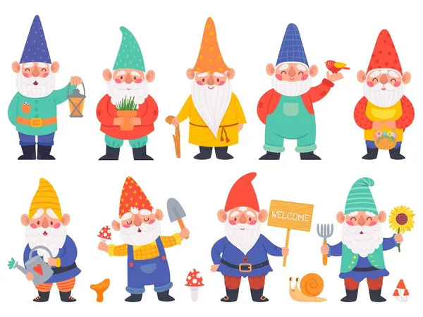 Personajes gnomos. Lindos gnomos con la barba divertida decoración del jardín, adorables enanos con linterna, regadera y flores conjunto de vectores de dibujos animados — Vector de stock