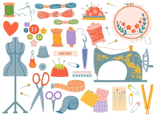 Needlework tools. Various sewing tool and supplies, sewing machine. Buttons, spools and threads, needles, scissors. Dressmaking vector set — Stock Vector