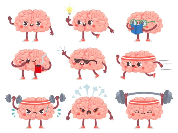 Personajes cerebrales. Cerebros felices en diferentes poses y emociones, ejercicio mental, metáfora de la educación iconos de la mascota creativa conjunto de vectores de dibujos animados — Archivo Imágenes Vectoriales