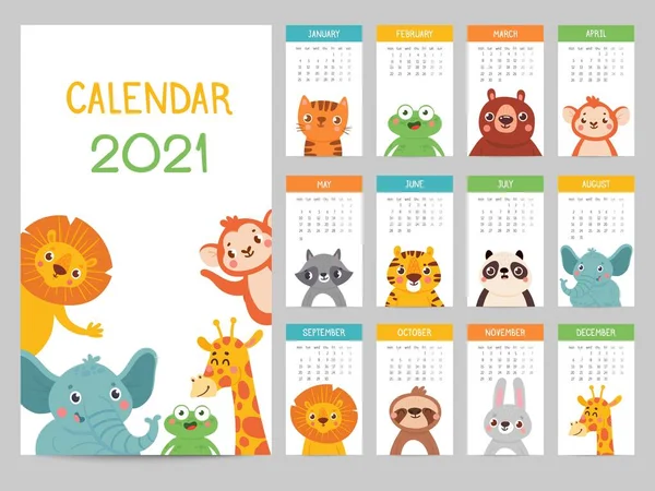 2021年动物日历。可爱的月历与不同的动物，有趣的林地和稀树草原人物，儿童海报病媒年鉴 — 图库矢量图片