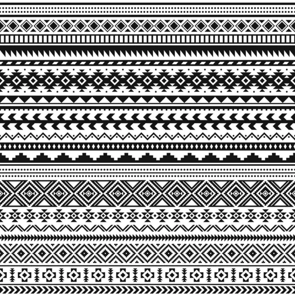 Indische Stammesgrenzen. Schwarz-weißes geometrisches Muster, nahtloser ethnischer Druck für Textilien oder Tätowierungen, mexikanische und aztekische Vektorverzierungen — Stockvektor